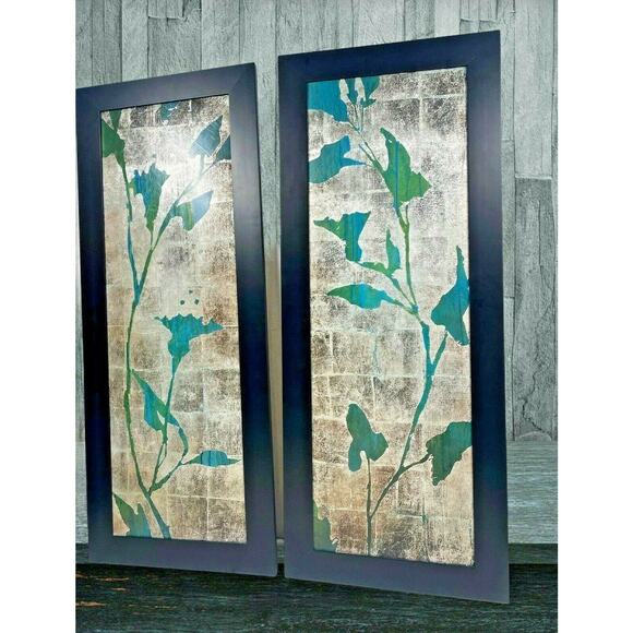 2 Botanical Gardens Green Leaf Foiled Silver Black Framed Wall Art 39"x16" - Picture 4 of 12